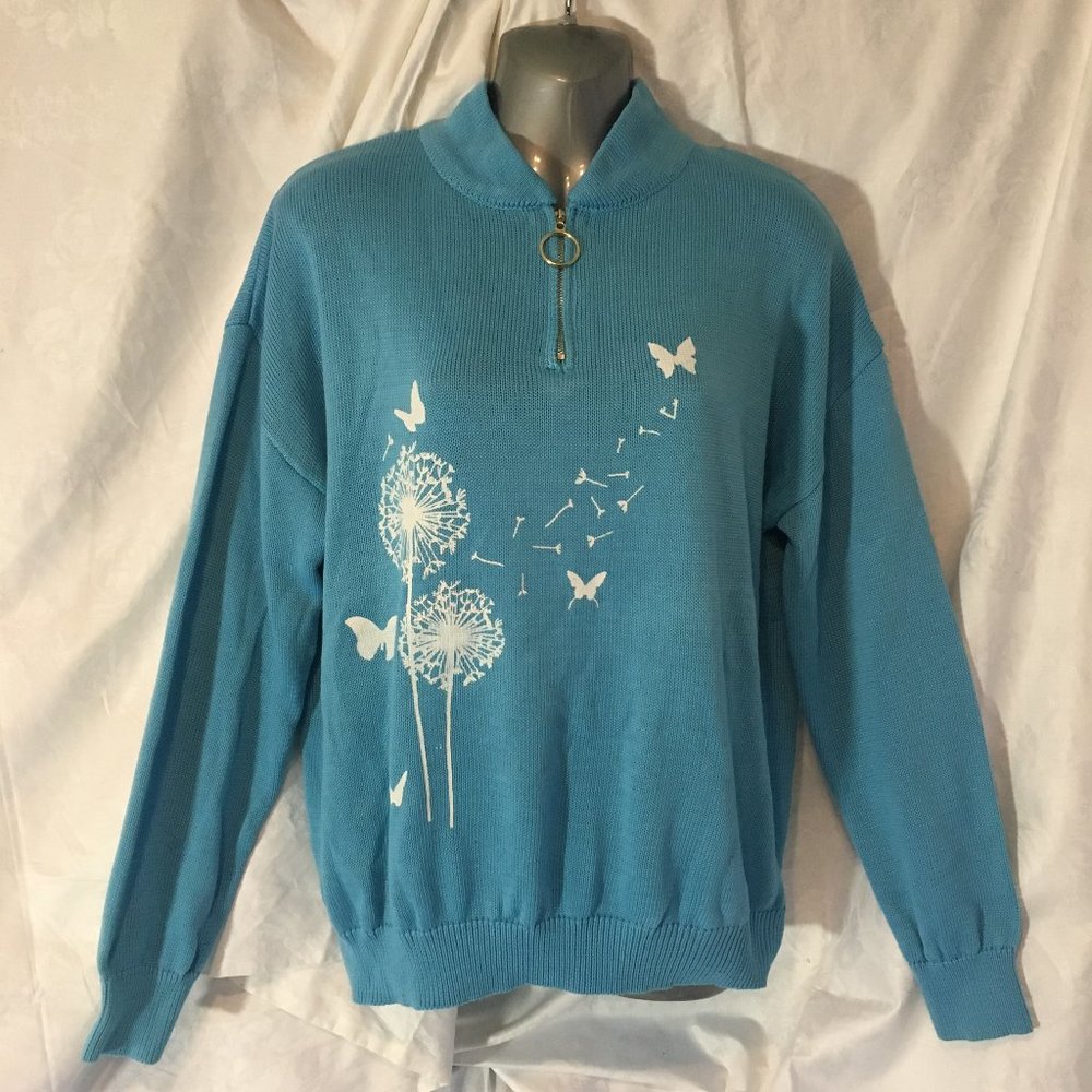 Womens Size Large Light Blue Knit Zip Sweater Dandelion Puff Butterfly Vintage